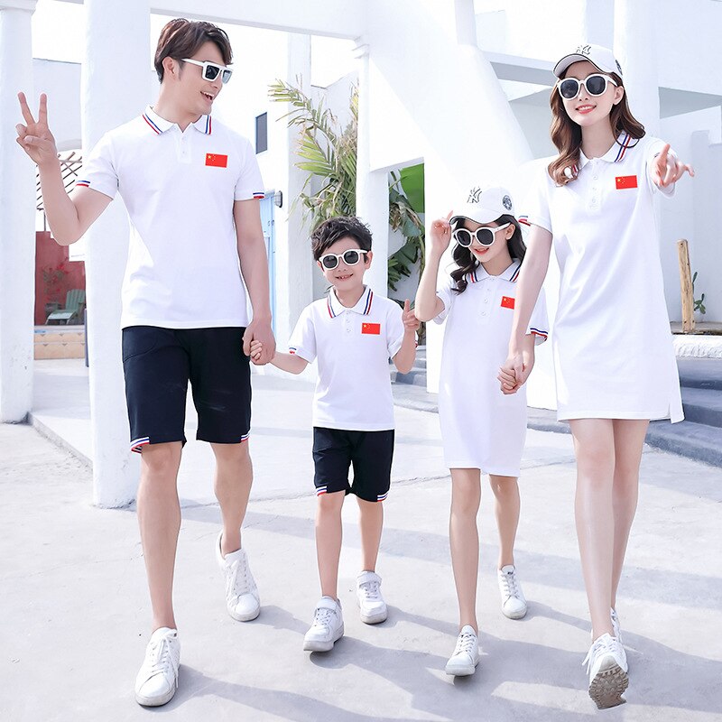 Summer Family Matching Outfits Dad Son Short Sleeve T-Shirt+Shorts 2PCS Mom Daughter White Dresses