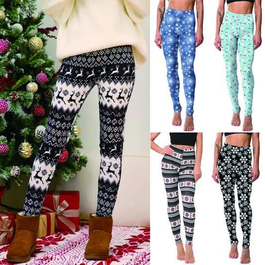 Christmas Leggings Women Reindeer Snowman Stretchy Long Pants Happy Xmas High Waist Ugly Tights Trouser