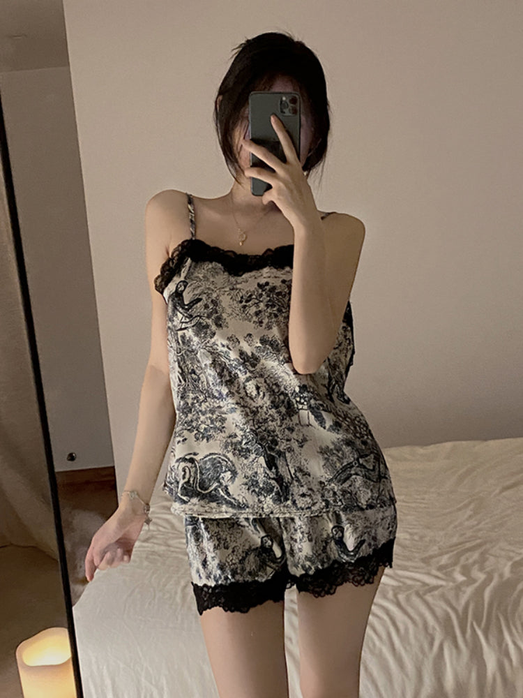 Summer nightwear black lace sleeveless top and shorts